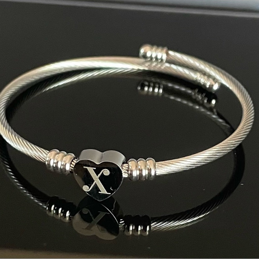 Stainless steel Initial Letter X Dainty Heart Cable Bangle Bracelet